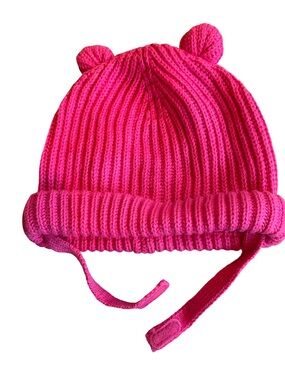 GAP Pink Knit Bear-Ear Hat with Chin Ties 12-18 months